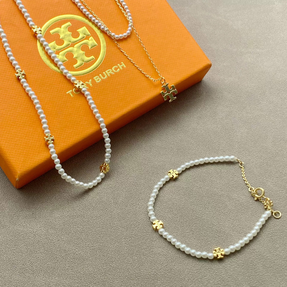 Tory Burch Natural Pearl and Crushed Silver Bracelet Necklace Set